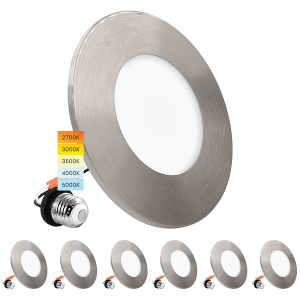 Luxrite 3-4 Inch LED Flush Mount & Recessed Light 5CCT 650LM Dimmable J-Box or 4 Recessed Can Nickel, 6PK LR24980 LR24984-6PK - main
